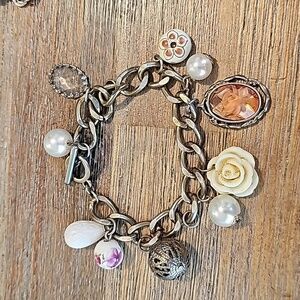 Vintage Inspired Antique Industrial Cameo Beads Flower Charm Bracelet
